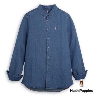 【Hush Puppies】男裝 襯衫 棒球帽狗繡花牛仔長袖襯衫(深藍 / 34112108)