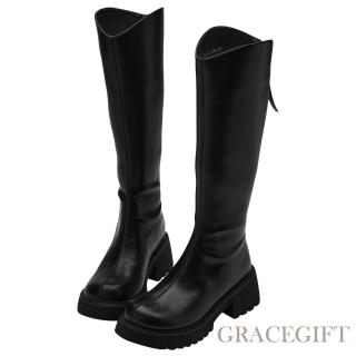 【Grace Gift】顯瘦V口造型厚底膝下靴