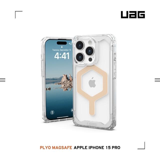 【UAG】iPhone 15 Pro 磁吸式耐衝擊保護殼（按鍵式）-極透明（金圈）(支援MagSafe功能)