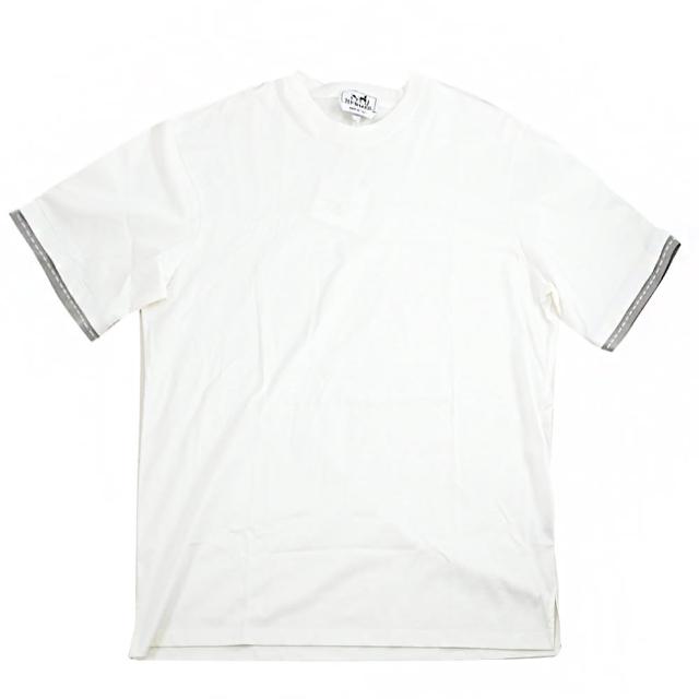 【Hermes 愛馬仕】Piqures Sellier 簡約素面棉質短袖T恤(白/灰邊)