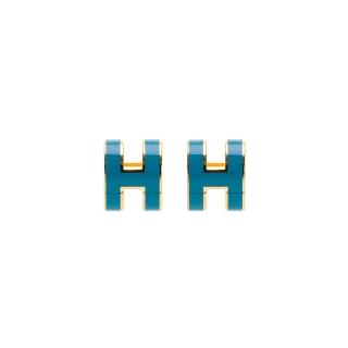 【Hermes 愛馬仕】經典Pop H Mini立體簍空LOGO耳環(水藍#79/金邊)