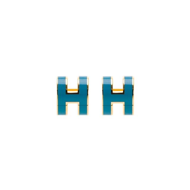 【Hermes 愛馬仕】經典Pop H Mini立體簍空LOGO耳環(水藍#79/金邊)