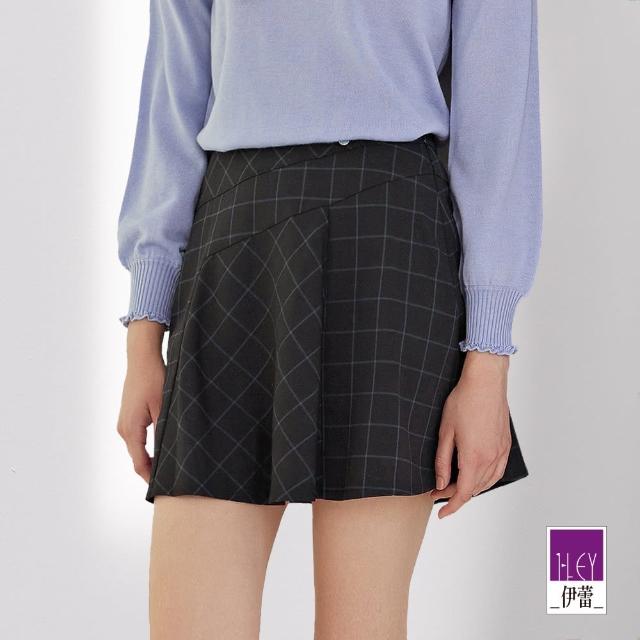 【ILEY 伊蕾】不規則剪裁低調格紋短褲裙(黑色；M-XL；1223072425)