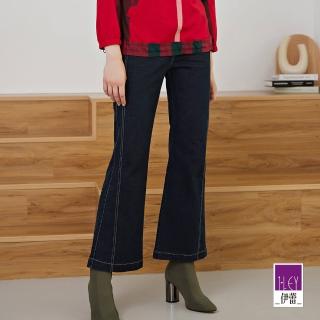 【ILEY 伊蕾】立體車線造型微喇叭棉質牛仔褲(深藍色；M-XL；1223308601)
