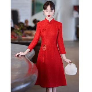 【REKO】玩美衣櫃氣質中國風旗袍洋裝流蘇紅色連身裙S-5XL
