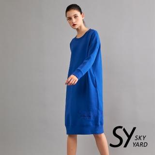 【SKY YARD】休閒刺繡長版刷毛衛T上衣(藍色)