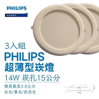 【Philips 飛利浦】LED超薄型崁燈 14W 直徑15cm-3入組(白光/自然光/黃光)
