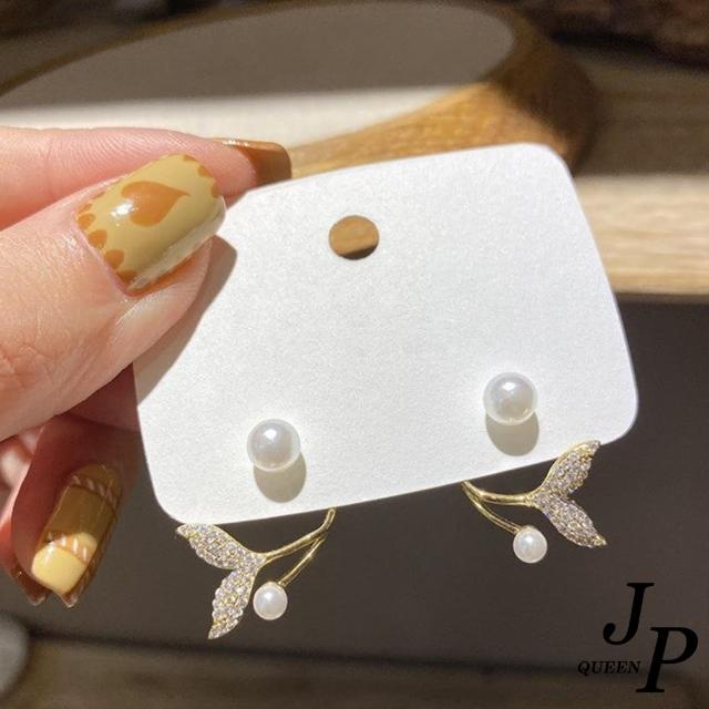 【Jpqueen】小眾設計感魚尾珍珠優雅耳環(金色)