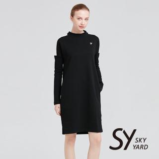 【SKY YARD】小立領拼接彈性休閒洋裝(黑色)
