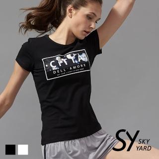 【SKY YARD】舒棉方塊印花T恤造型上衣(黑色)