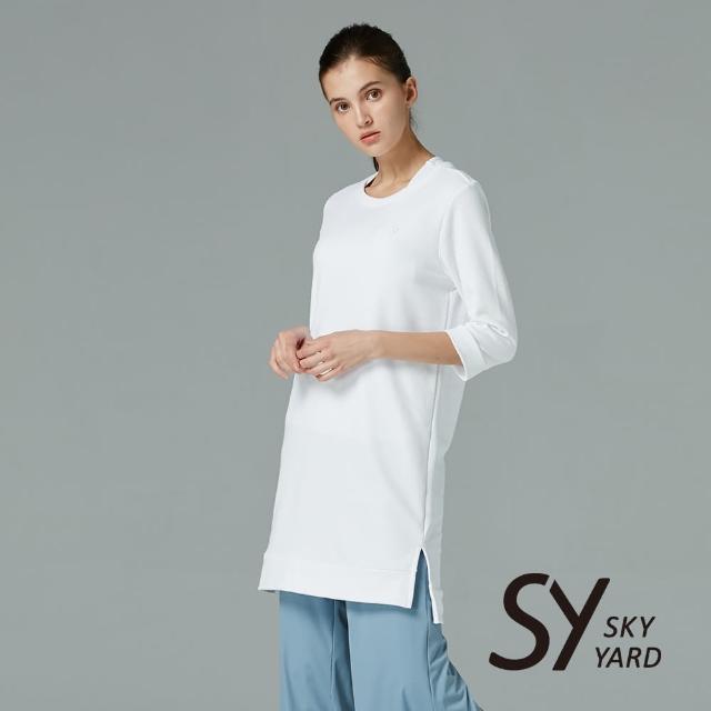 【SKY YARD】休閒素面寬鬆七分袖長版上衣(白色)