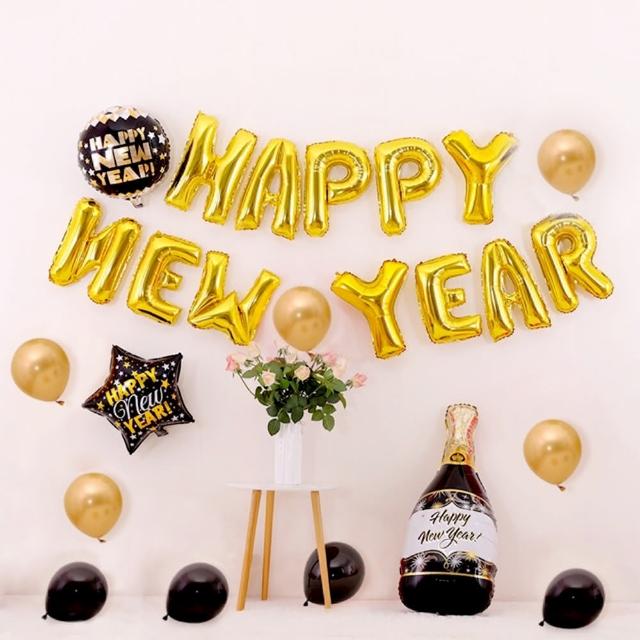 派對佈置HAPPY NEW YEAR金色跨年香檳氣球組1組(派對 氣球 跨年 新年 春節 布置 裝飾)