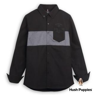 【Hush Puppies】男裝 襯衫 剪接拼色英文字立體印花牛津襯衫(黑色 / 34112105)