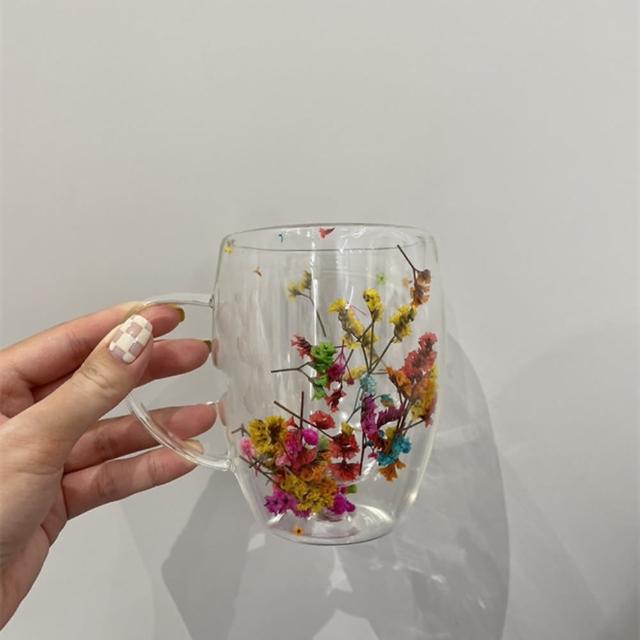【JEN】乾花雙層耐高溫玻璃杯350ml一入(花色隨機出貨)