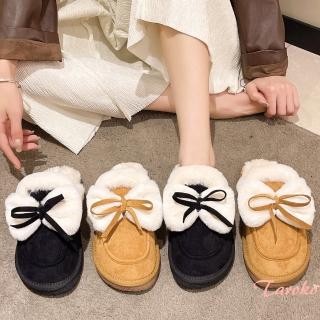 【Taroko】蝴蝶結麂皮包頭保暖刷毛平底拖鞋(2色可選)