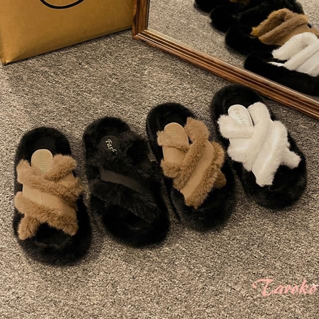 【Taroko】交叉毛毛外穿保暖刷毛拖鞋(3色可選)