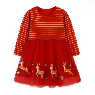 【橘魔法】金條小花麋鹿刺繡紗裙長袖洋裝(連身裙 連身衣 聖誕節 耶誕節 大紅 紅色 女童 兒童 童裝)