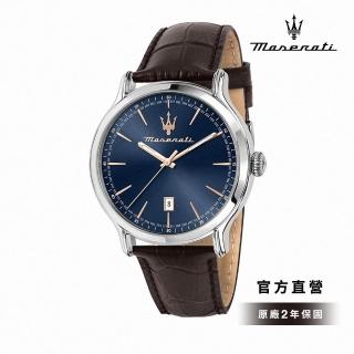 【MASERATI 瑪莎拉蒂 官方直營】Epoca 新紀元系列石英手錶 晶綻藍 棕色真皮錶帶 42MM R8851118016