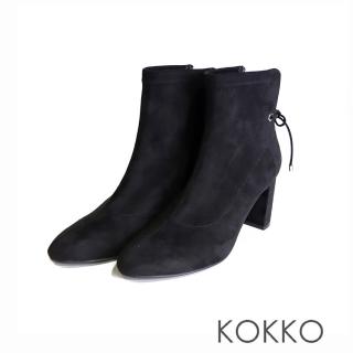 【KOKKO 集團】氣勢滿分尖頭繫帶麂皮粗高跟短靴(黑色)