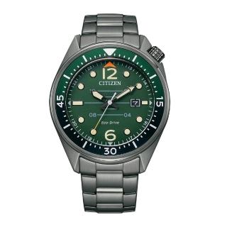 【CITIZEN 星辰】GENTS系列 聖誕節推薦款 綠面潛水風 光動能腕錶 鐵灰不鏽鋼錶帶(AW1717-81X)