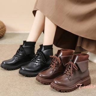 【Taroko】時尚反摺假兩件襪子增高圓頭短靴(2色可選)