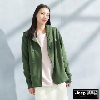 【JEEP】女裝 不對稱刺繡長袖帽T外套(綠色)