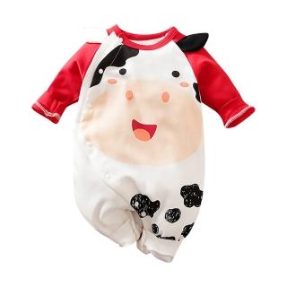 【JoyNa】嬰兒 純棉長袖包屁衣 紅袖奶牛連身衣(肩扣下扣.寶寶衣)
