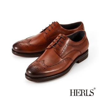 【HERLS】男鞋系列-全真皮直條拼接翼紋雕花德比鞋(棕色)
