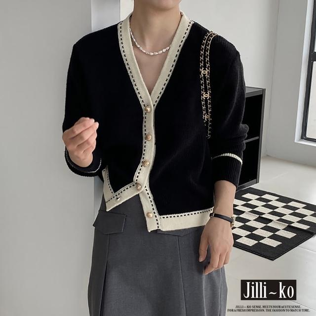 【JILLI-KO】小香風針織衫女法式V領溫柔風寬鬆顯瘦毛衣-F(黑)