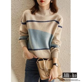 【JILLI-KO】洋氣針織衫女半高領色塊條紋寬鬆毛衣-F(藍/卡)