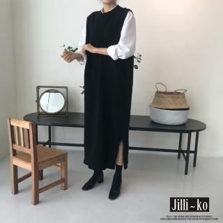 【JILLI-KO】長款馬甲針織連衣裙韓國INS風長款背心毛衣-F(黑/深灰)