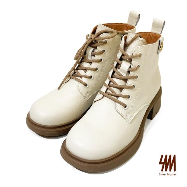 【SM】牛皮個性綁帶中跟短靴(米白色)
