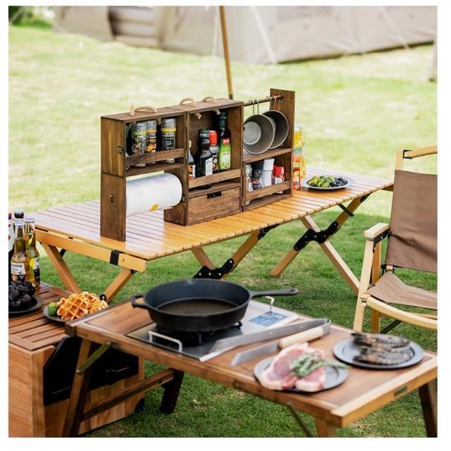 【May Shop】三入組 戶外露營野餐燒烤用品調料盒 木收納箱