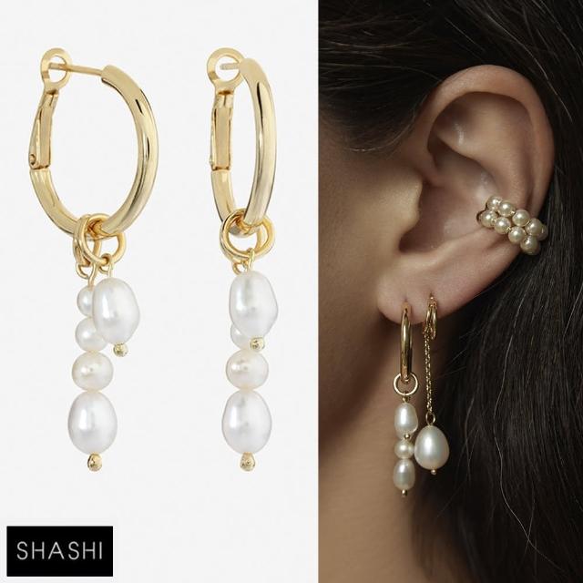 【SHASHI】紐約品牌 ZOE PEARL 細緻金色圓耳環 垂墜式珍珠耳環 2用