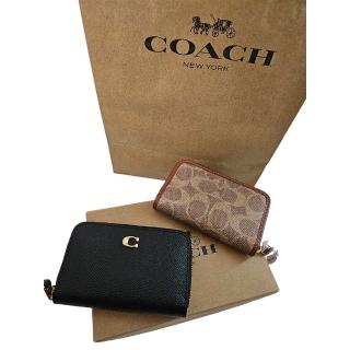 【COACH】COACH 金屬C標誌顆粒紋皮革拉鍊卡夾 零錢包 卡包 兩色可選 老花／全黑(母親節)