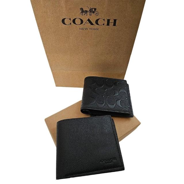 【COACH】coach 二合一證件新款立體男短夾-含可拆式ID夾 禮盒組 兩色可選 全黑荔枝紋.浮雕黑 贈原廠紙袋