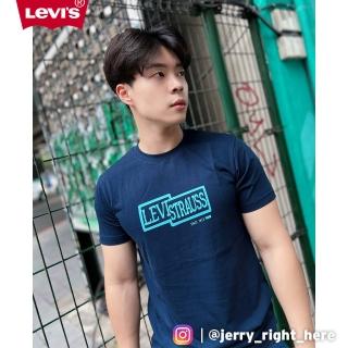 【LEVIS 官方旗艦】男女同款 合身版短袖T恤 / 復古招牌Logo 藍 熱賣單品 A6531-0002