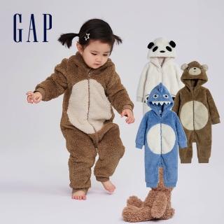【GAP】嬰兒裝 造型連帽長袖包屁衣/連身衣 抱抱絨系列-多色可選(788581)