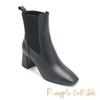 【Pineapple Outfitter】BIRGIT 拼接真皮方頭中跟短套靴(黑色)