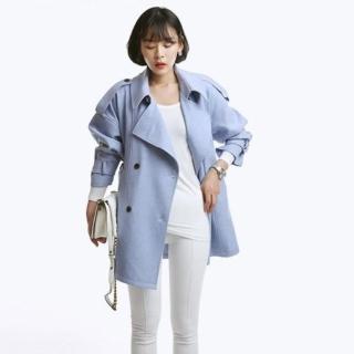 【BBHONEY】正韓製 英式風格牛仔藍 綁帶風衣 中長版大衣(韓國空運現貨)