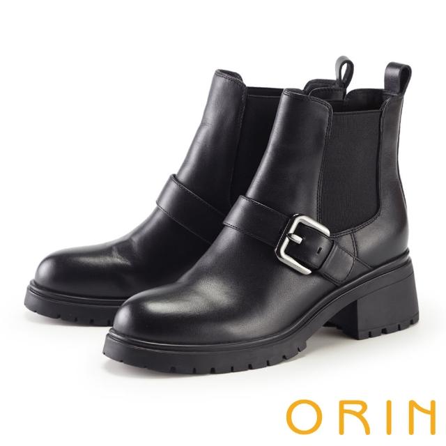 【ORIN】造型皮釦真皮切爾西短靴(黑色)