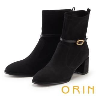 【ORIN】彈力絨布尖頭粗跟短套靴(黑色)