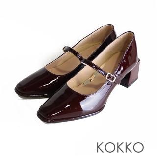 【KOKKO 集團】精緻女人方頭瑪莉珍漆皮方粗跟鞋(酒紅色)