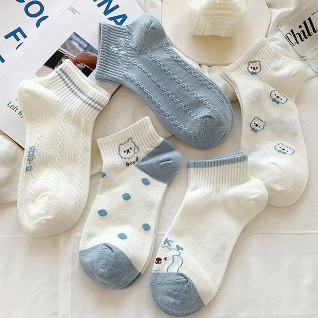 【Socks Form 襪子瘋】5雙組-清新小熊日系棉質短襪(踝襪/棉襪/船型襪/女襪)