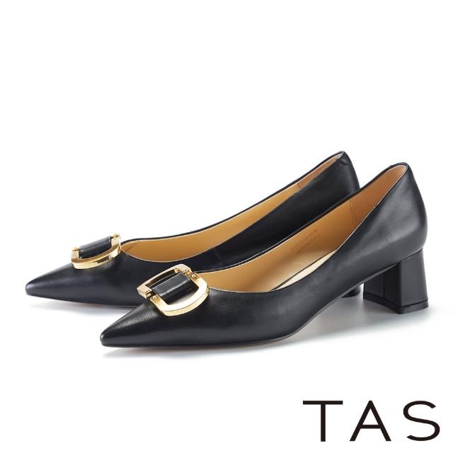 【TAS】造型五金羊皮尖頭中跟鞋(黑色)