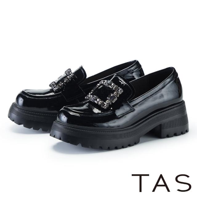 【TAS】方鑽釦牛漆皮厚底樂福鞋(黑色)