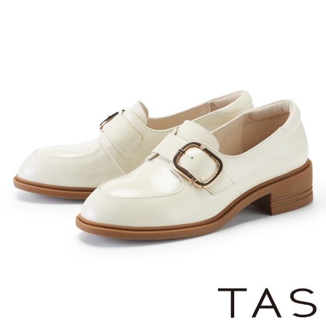 【TAS】牛漆皮皮釦樂福低跟鞋(米色)
