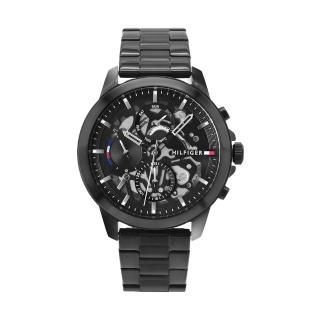 【Tommy Hilfiger】黑殼 黑面 三眼日期顯示 面板鏤空特殊設計 黑色鋼帶 手錶 男錶(1710478)