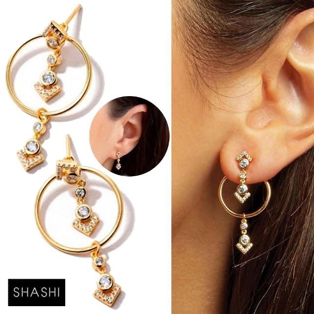 【SHASHI】紐約品牌 KHALEESI 古典鑲鑽小垂墜耳環 前後扣金色圓耳環 2用(前後扣金色圓耳環 2用)