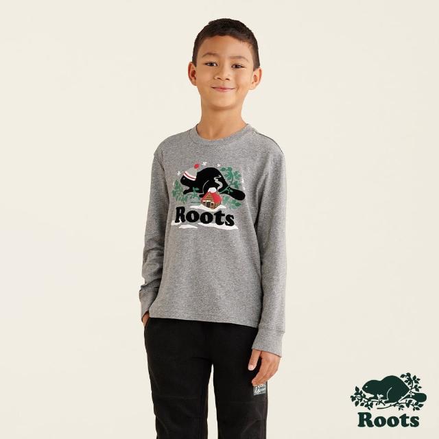 【Roots】Roots 大童-冬日海狸系列 佳節海狸長袖T恤(灰色)